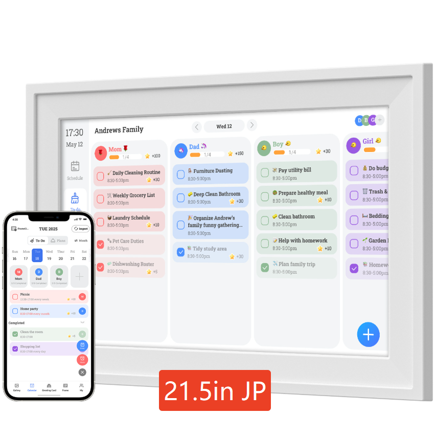 Digital family calendar screen showing weekly view with morning and evening tasks