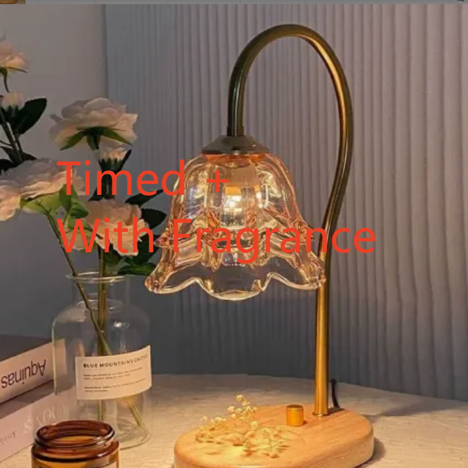 Candle warmer lamp, amber tulip shade, natural wood base, timer dimmer, fragrance version, UK plug