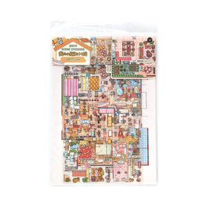 Deco sticker sheet drawn as a house floor plan with furniture, rugs and plants
