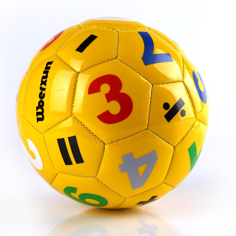 Yellow Size 2 kids soccer ball with colorful printed numbers and simple math symbols on soft PVC