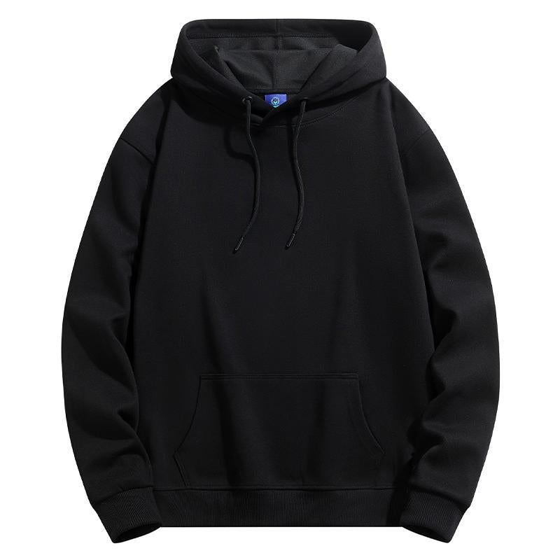 Black heavyweight pullover hoodie with drawstring hood and kangaroo pocket, front view, size XXXXL option