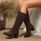 Womens knee high pointed toe block heel boots in soft faux suede with an inner side zip