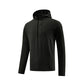 Black half zip hooded sweatshirt laid flat with raglan sleeves, hood and zipped chest pocket