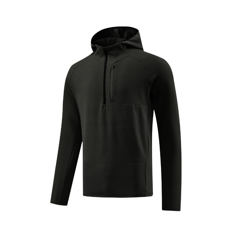 Black half zip hooded sweatshirt laid flat with raglan sleeves, hood and zipped chest pocket