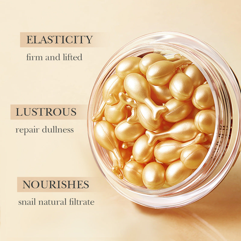 Gold facial essence capsules clustered inside a clear open jar