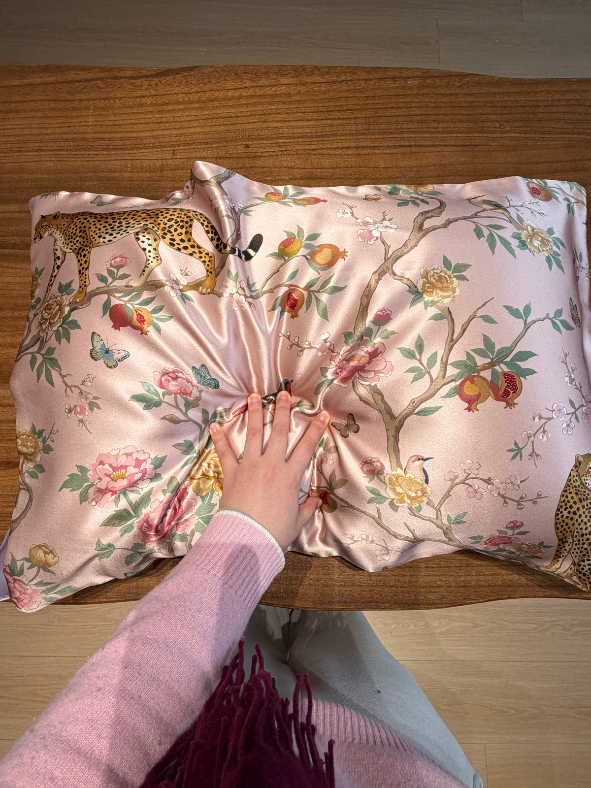 Plum blossom leopard silk pillowcase with a pink floral and leopard print