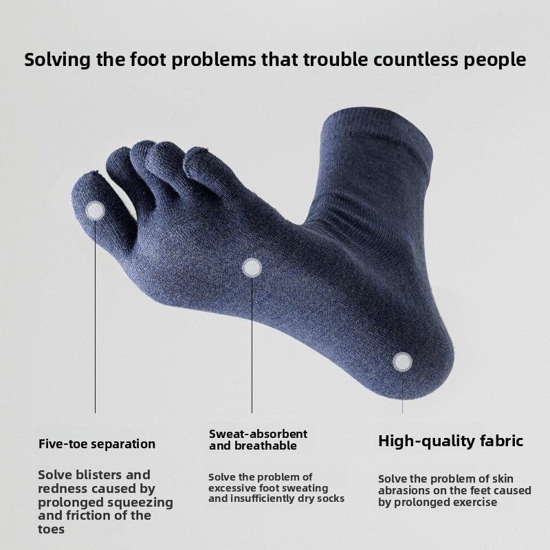 Navy blue five-toe cotton sock shown from the side with each toe in its own knit sleeve
