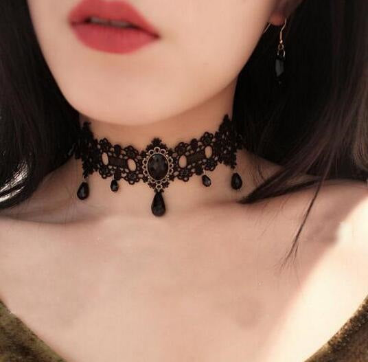 Vintage lace choker necklace with a faceted cabochon centre and hanging bead drops