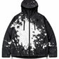 Black hooded zip jacket with a large white splash ink print, flat front view