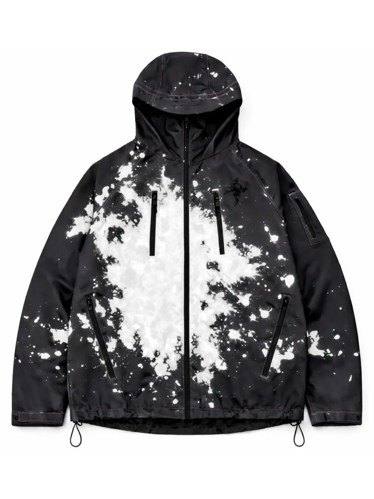 Black hooded zip jacket with a large white splash ink print, flat front view