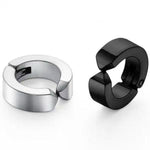 Polished steel clip on ear cuff beside a black clip on ear cuff, both wide C shaped rings with a hinge