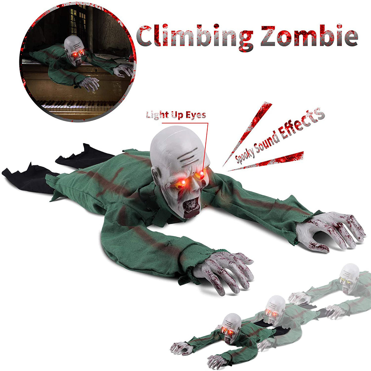 Marketing image of the crawling zombie prop with light up red eyes, labelled as a climbing zombie