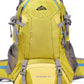 Yellow hiking backpack with blue zipper trim, curved shoulder straps and a buckled front pocket, front view