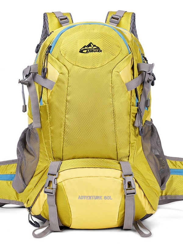 Yellow hiking backpack with blue zipper trim, curved shoulder straps and a buckled front pocket, front view