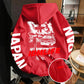 Loose fleece pullover hoodie with JAPAN and JDM lettering running down the sleeves and a hood
