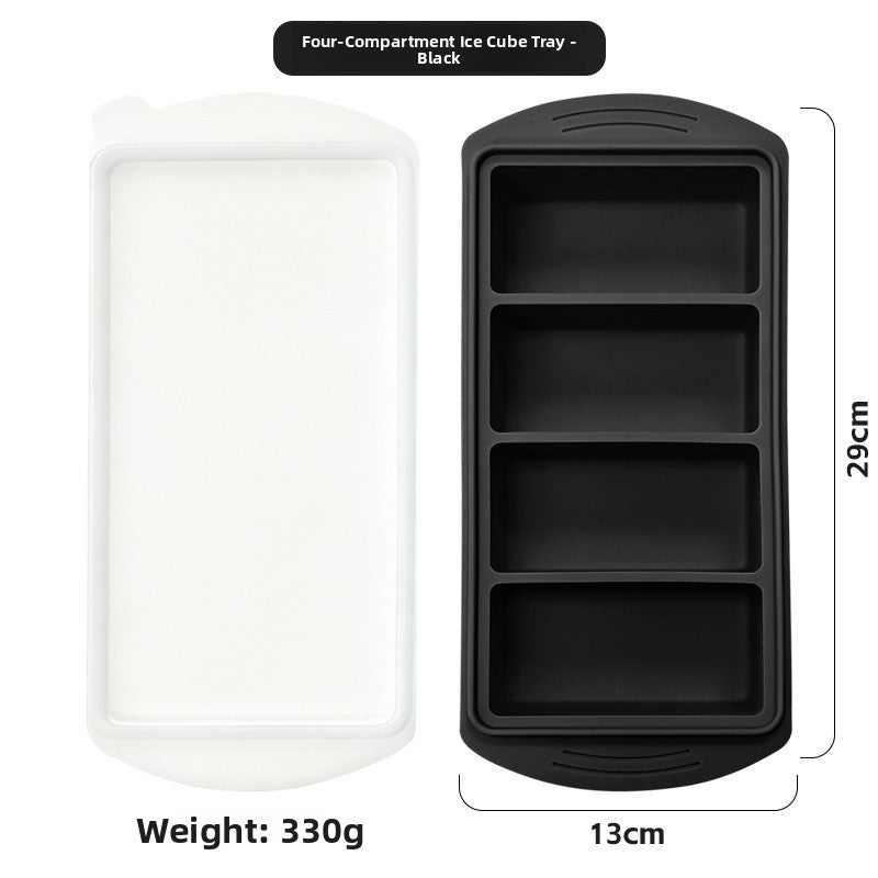 Four compartment silicone tray beside its white lid, 29 cm long, 330 g, option 4 Cavities 29 cm Tray, Black
