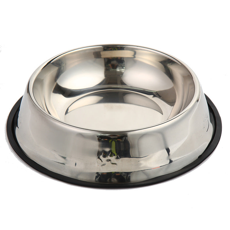 Stainless steel cat and dog food bowl with black anti slip base standing on a white background