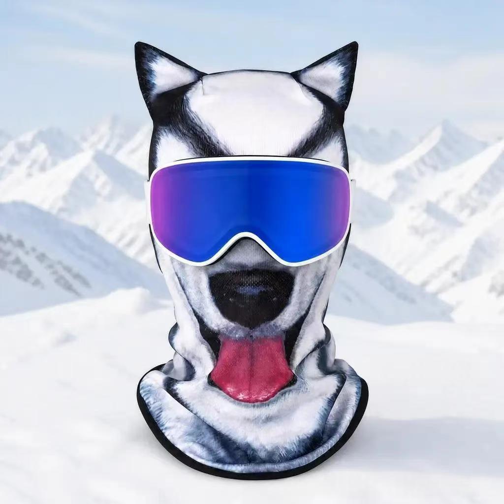 Husky print fleece balaclava with open mouth, Animal Winter Mask D option, blue goggles