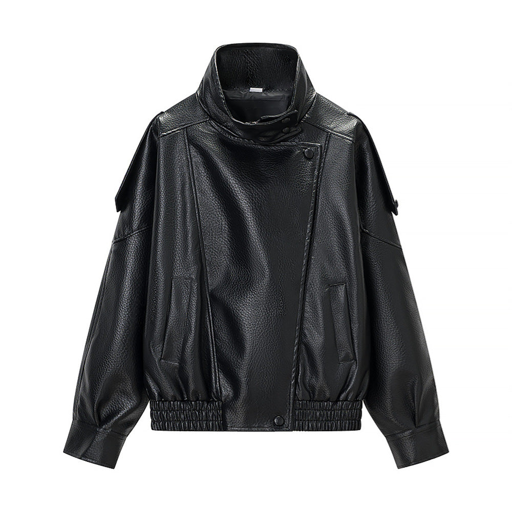 Women's oversized PU leather moto jacket with stand collar and elastic hem, Black S option