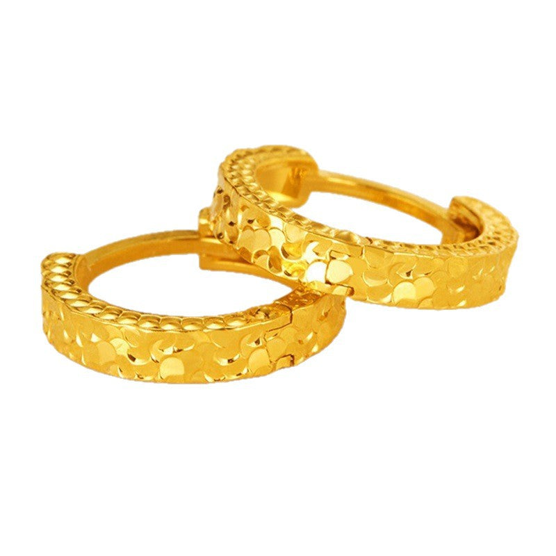 Pair of gold-plated copper hoop earrings with a crushed ice textured face on a plain white background