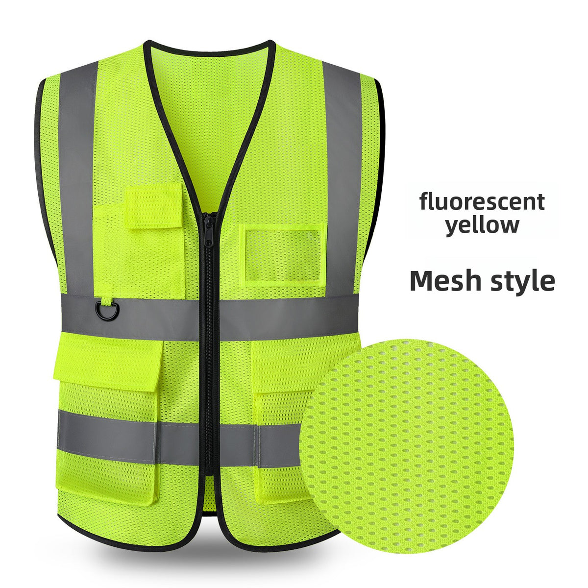 Fluorescent yellow mesh reflective work vest with perforated fabric, ID window and flap pockets