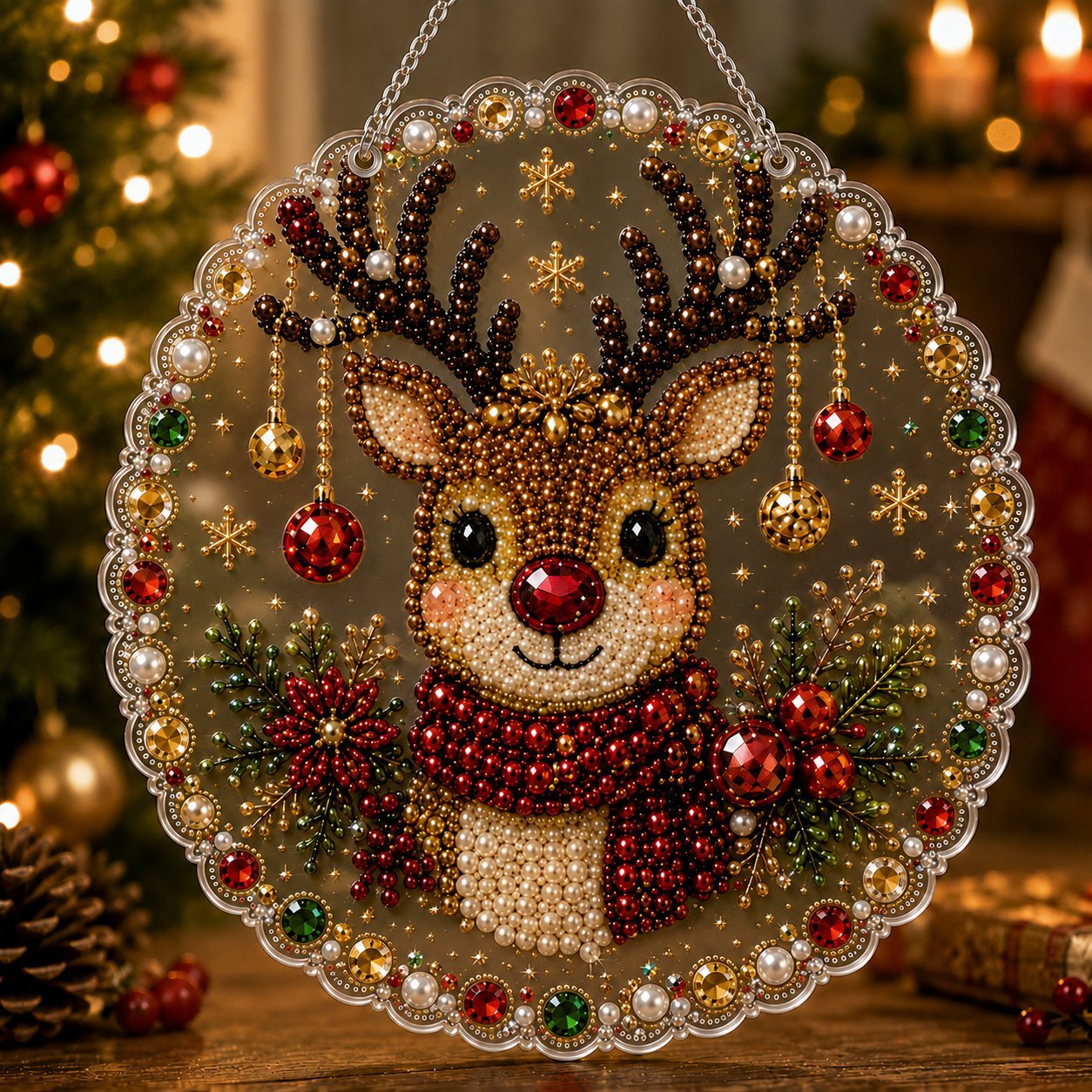 Beaded Christmas ornament with a hanging string on a clear acrylic disc