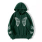 Butterfly rhinestone hoodie laid flat showing the full-length zip and ribbed hem