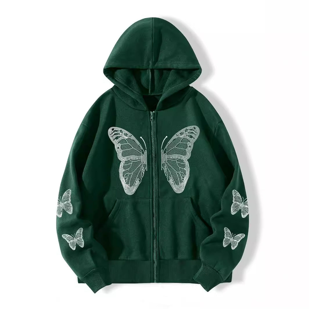Butterfly rhinestone hoodie laid flat showing the full-length zip and ribbed hem