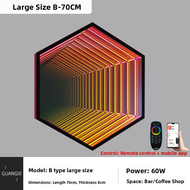 Octagonal mirror lamp showing a different inner geometric pattern in bright colors