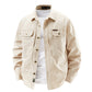 Men's off-white cotton shirt jacket with flap chest pockets, front view, size M option