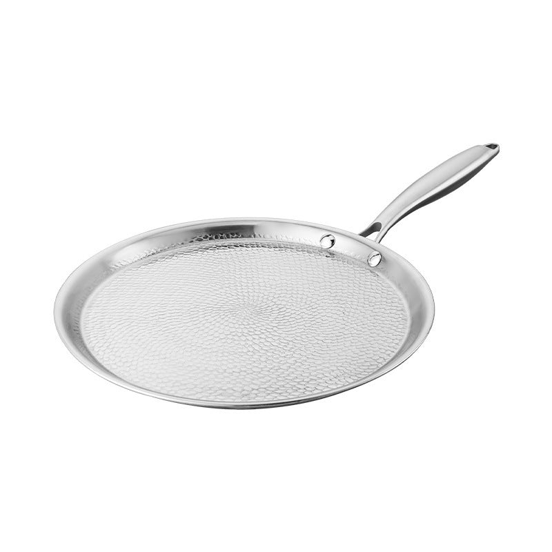 Hammered flat pan with a long handle and two rivets shown alone on a white background