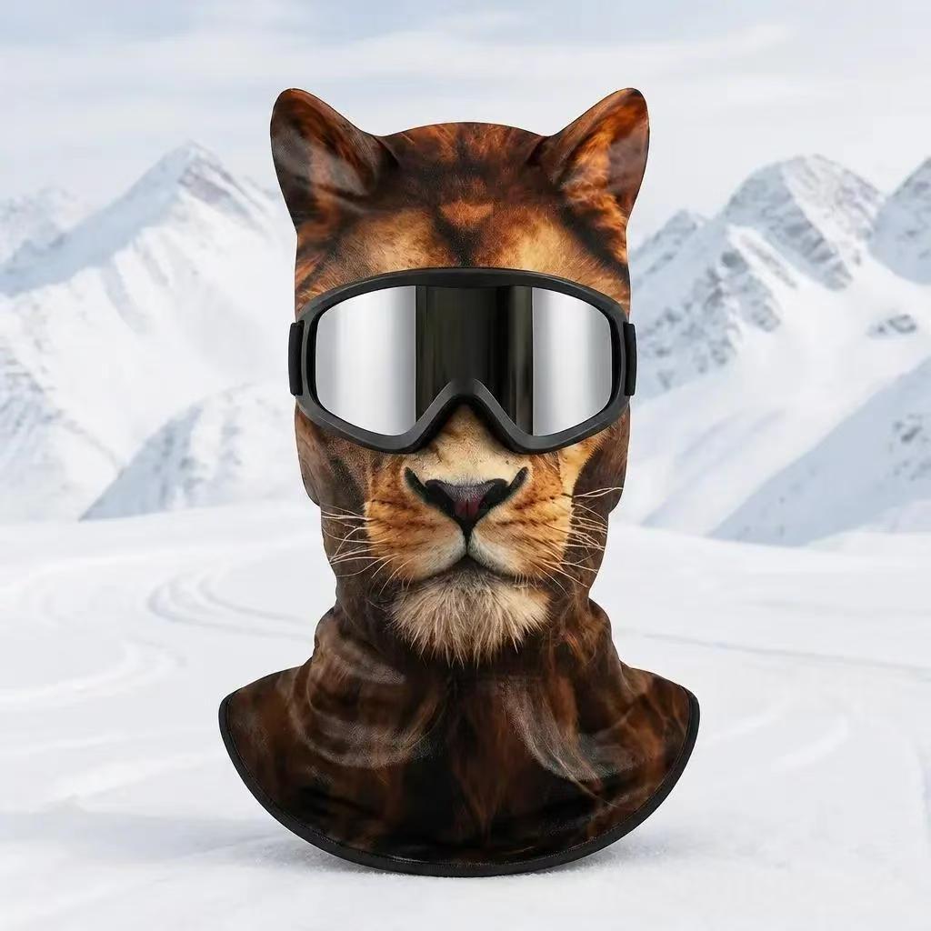 Dark brown lion print fleece balaclava with mane, Animal Winter Mask I option