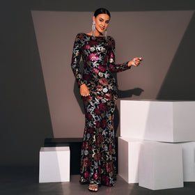 Elegant Sequin Long Sleeve Evening Dress