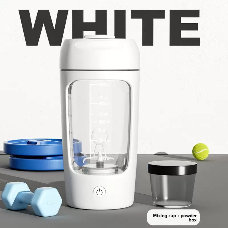 Portable shaker cup shown with its included powder box and USB cable