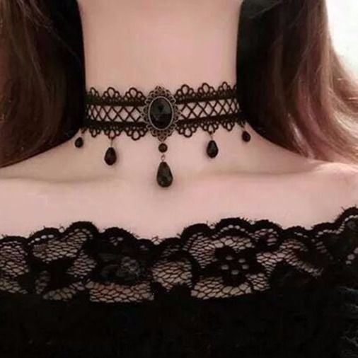 Lace band choker necklace with fine alloy chain swags and teardrop bead accents