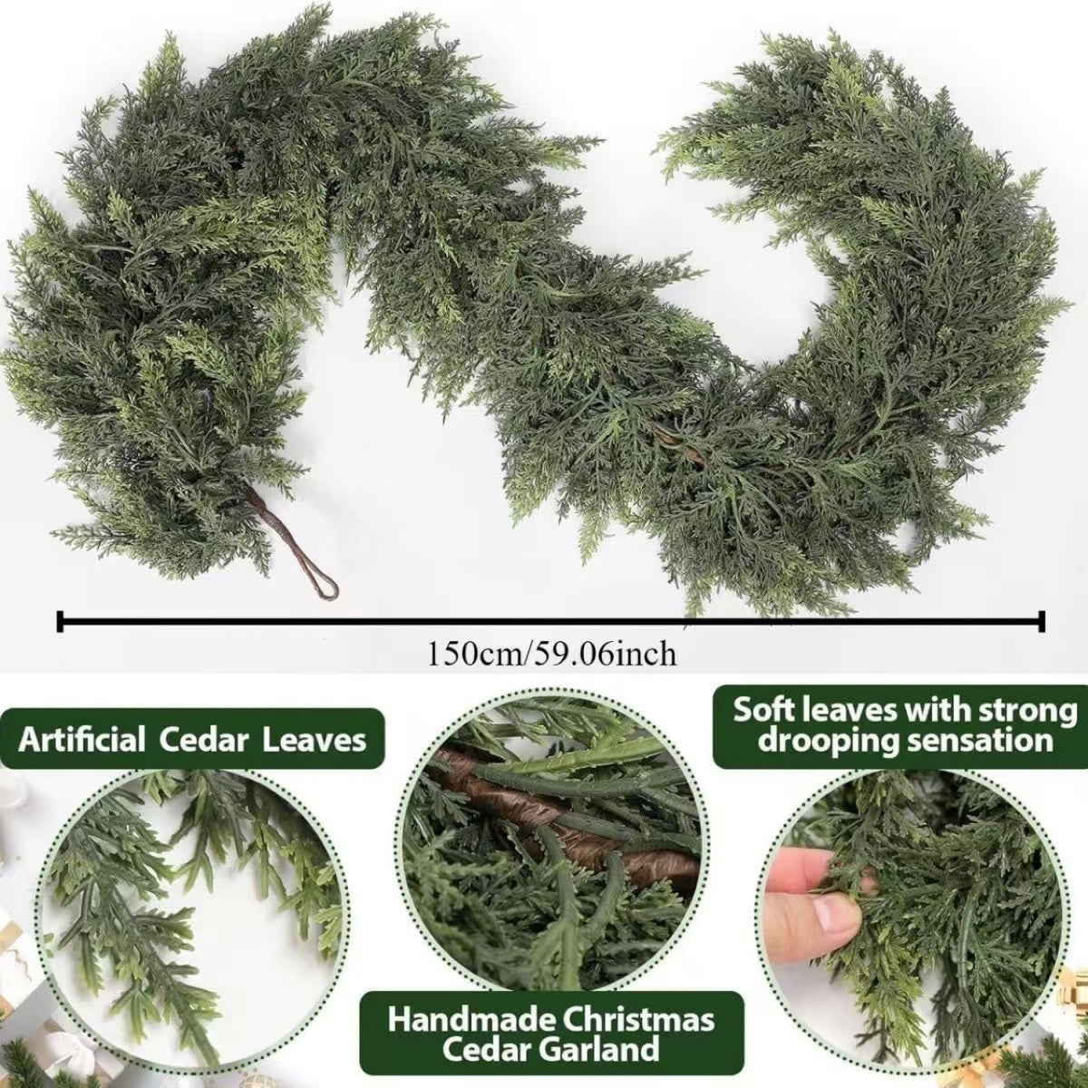 Green artificial cedar Christmas garland laid flat with closeups of the soft drooping leaves and a hanging loop