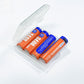 Four orange AA 1.5V 3400mWh rechargeable lithium batteries in an open clear case, one showing its USB-C port