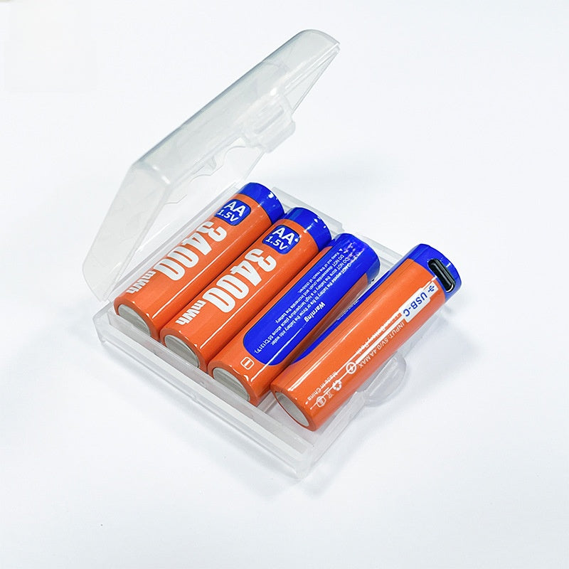 Four orange AA 1.5V 3400mWh rechargeable lithium batteries in an open clear case, one showing its USB-C port