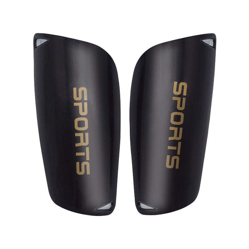 Black hard shin guard plates printed SPORTS on a white background, Black Guard option, size Adult L