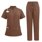Overview of the womens scrub top showing collar, zip, pockets and badge tab