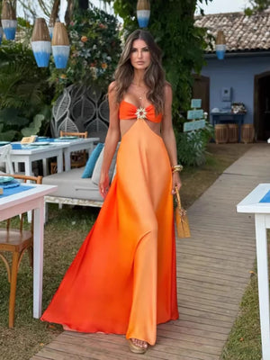 Gradient satin halter dress worn outdoors, full-length lifestyle view