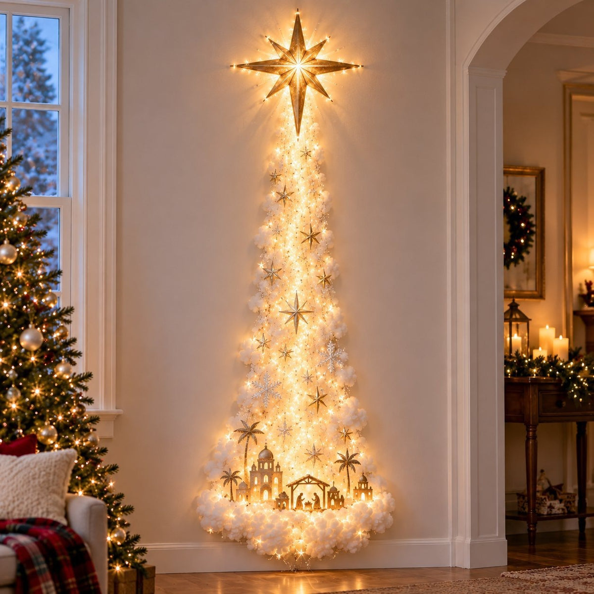 Illustrated Christmas wall display with a gold star with a trail of lights and cotton clouds, Starfish option