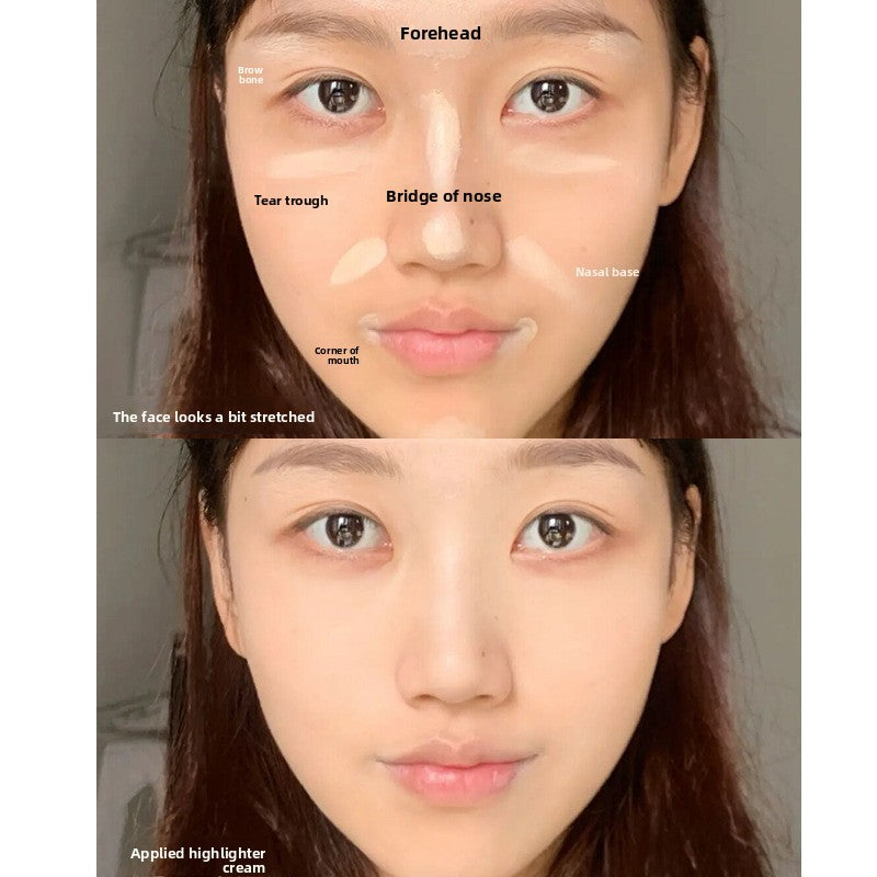 Face map showing where to place the cream highlighter and the blended result