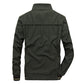 Back view of an army green stand collar jacket with a yoke seam and striped ribbed cuffs and hem