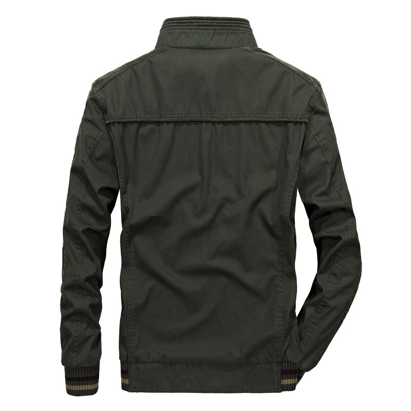 Back view of an army green stand collar jacket with a yoke seam and striped ribbed cuffs and hem