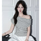 Black and White Striped Off-Shoulder T-Shirt for Women