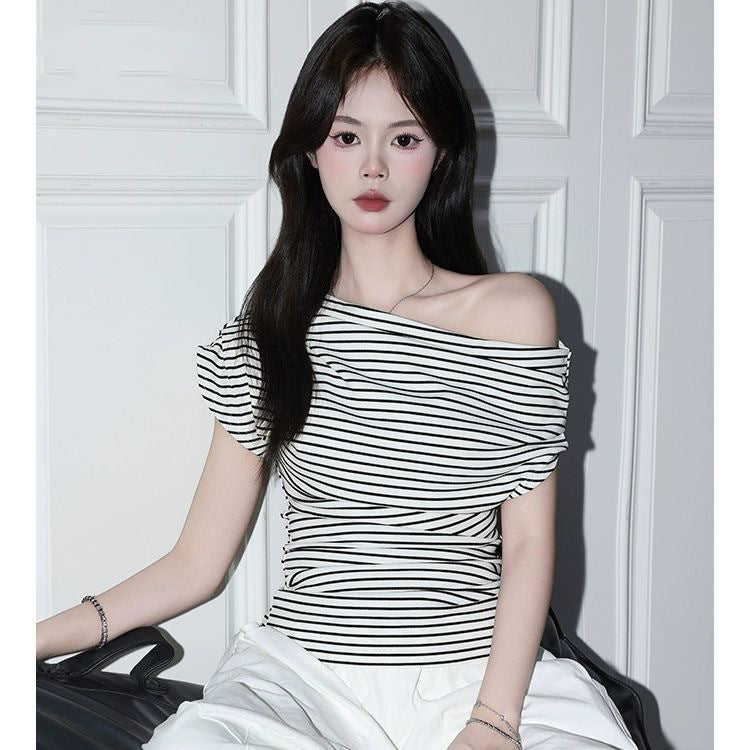 Black and White Striped Off-Shoulder T-Shirt for Women