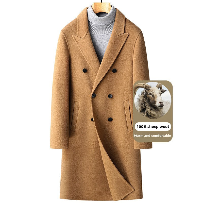 Camel double-breasted long wool coat on a wooden hanger over a gray turtleneck with a 100 percent sheep wool badge