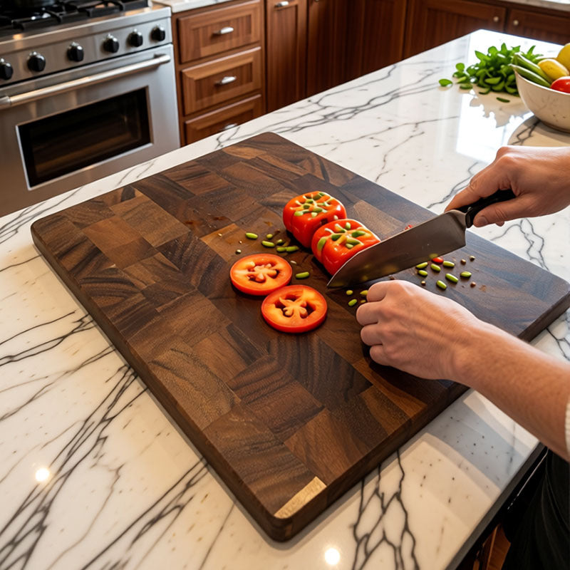 Walnut end grain board on a marble island while a knife slices tomatoes on it
