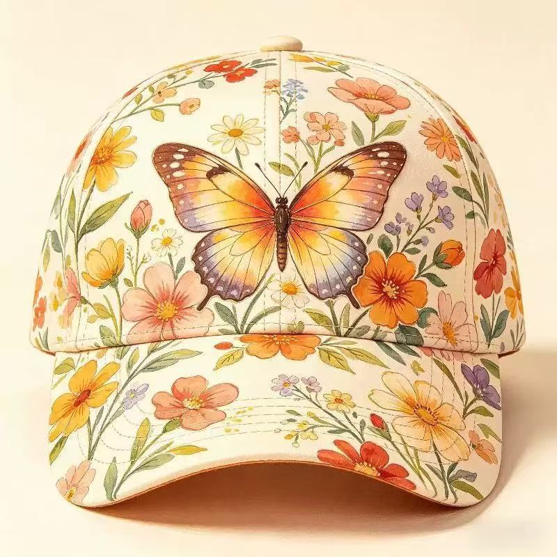 Adjustable polyester baseball cap showing its floral print and eyelet vents